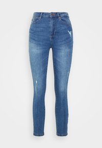 Blå högmidjade skinny jeans med lätt slitning på låren och knäna, framfickor och knappstängning.