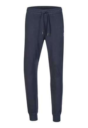 Pantaloni de trening bleumarin dintr-un material moale, cu talie ajustabilă cu șnur, manșete ribbate și un detaliu mic cu logo pe lateral.