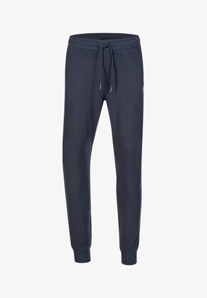Marineblauwe sweatpants van zacht materiaal, met een trekkoord in de taille, geribbelde boorden en een klein logodetail aan de zijkant.