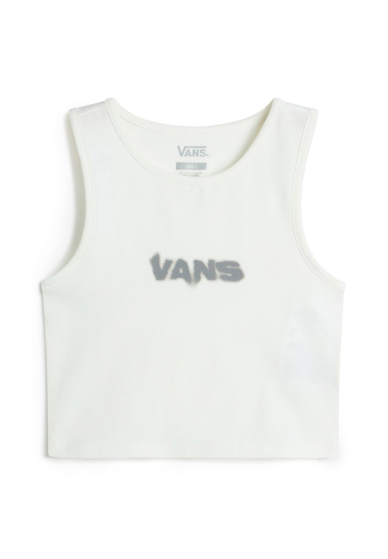Valkoinen puuvillainen crop-top, jossa on pyöreä pääntie ja leveät hihnat, keskellä harmaa "VANS"-logo. Sujuva pinta.