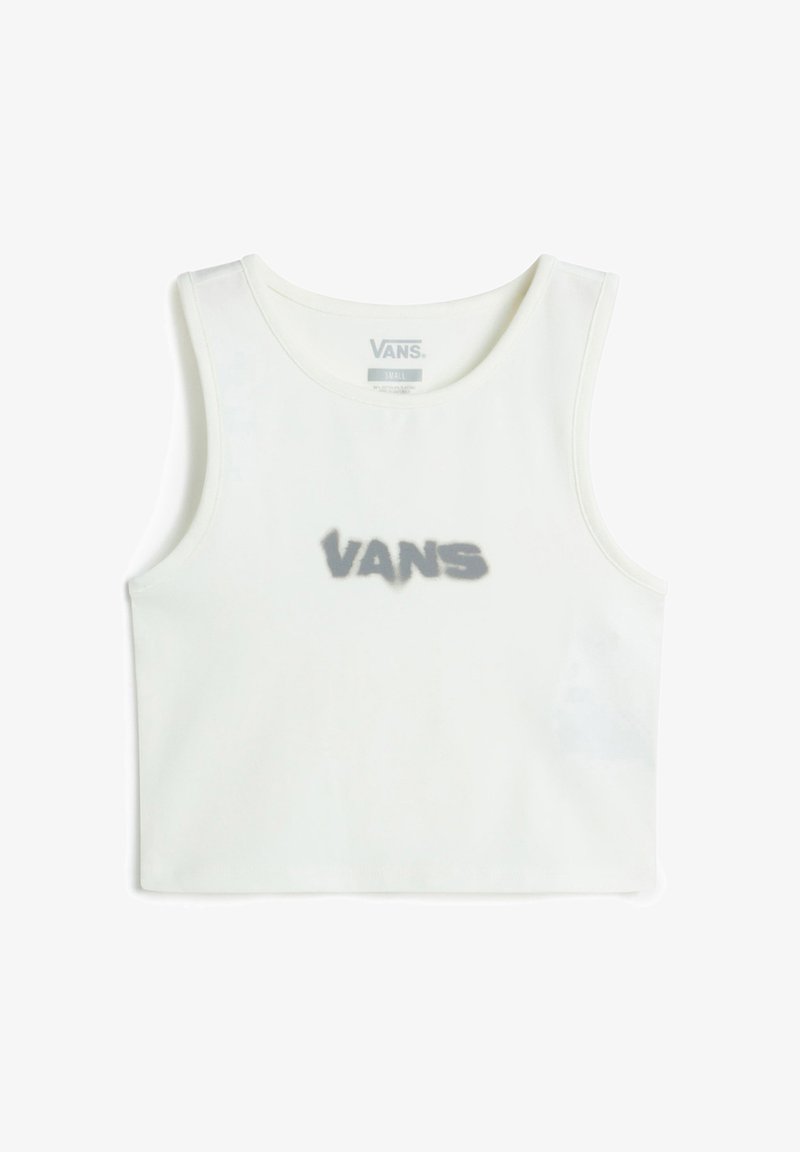Valkoinen puuvillainen crop-top, jossa on pyöreä pääntie ja leveät hihnat, keskellä harmaa "VANS"-logo. Sujuva pinta.