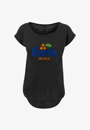 Black t-shirt with a rounded neckline, rolled short sleeves, and Fanta logo in blue and orange, accented with green graphics. Soft texture.