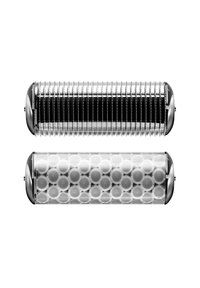 Två cylindriska rullar: den övre med eleganta metalliska ränder; den nedre med en genomskinlig design som har upphöjda cirkulära mönster. Kromade detaljer.