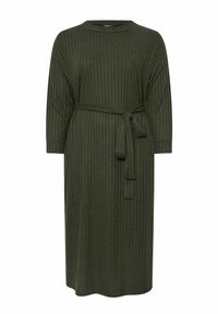 Robe côtelée vert olive avec des manches longues et une taille ceinturée, dotée d'un col rond et d'une longueur de genoux. Fabriquée en tissu texturé doux.