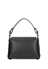 Borsa a mano in pelle nera con una texture liscia, forma rotonda, manico corto e dettagli metallici di tonalità argentata. Logo impresso sul davanti.
