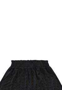 Zwarte rok met elastische tailleband, gemaakt van lichtgewicht stof, met een subtiel verhoogd bloemenpatroon en een uitlopende vorm.