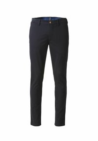 Pantalons ajustés bleu marine en tissu mélangé coton. Dotés d'une fermeture à bouton, de passants de ceinture et d'une texture lisse et mate.