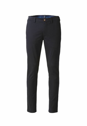 Schmale, marineblaue Hose aus einem Baumwoll-Mix. Verfügt über einen Knopfverschluss, Gürtelschlaufen und eine glatte, matte Textur.