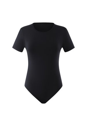 Zwart short-sleeve bodysuit met ronde hals, gemaakt van rekbaar materiaal. Kenmerkt zich door een aansluitende pasvorm en een thong-stijl onderkant voor naadloos dragen.