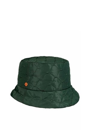 Dark green quilted bucket hat with a subtle honeycomb stitch pattern and a small round orange logo on the side.