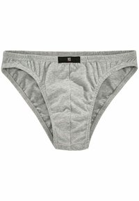 Graue Baumwollunterhosen mit einer glatten Textur, elastischem Bund und einem Etikett mit dem Markennamen "HIS". Klassischer Schnitt mit minimaler Abdeckung.