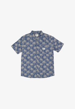 Blaues Kurzarm-Hemd zum Knöpfen mit weißem Palmenmuster und einer kleinen Brusttasche mit rechteckigem Etikett.