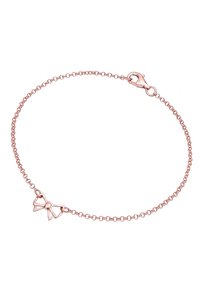 Delikat armband av roséguldkedja med en liten öppen bågcharm och kroklås på vit bakgrund.