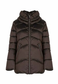 Giubbotto imbottito marrone scuro con un alto collo arricciato, cuciture a zigzag e due tasche con zip sul davanti. Texture liscia e lucida.
