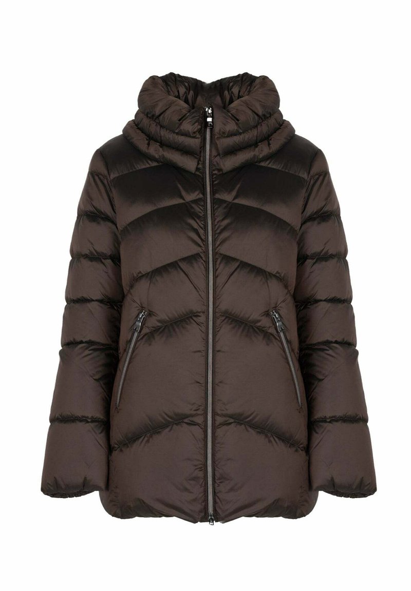 Giubbotto imbottito marrone scuro con un alto collo arricciato, cuciture a zigzag e due tasche con zip sul davanti. Texture liscia e lucida.