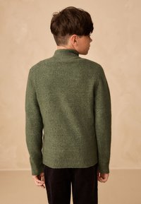 Grøn strikket sweater med høj krave, ribbet kant ved ærmer og bund. Blød tekstur og tætsiddende design, vist bagfra mod en neutral baggrund.