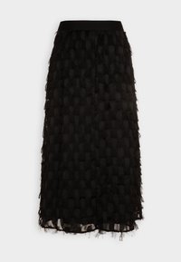 Černá midi sukně s texturovaným, vrstven�ým designem, která obsahuje jemné, třásněné detaily. Hladký pas, průsvitná tkanina s mírně průhlednou podšívkou.
