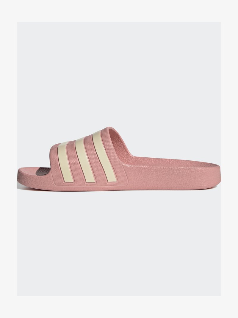 Pink rubber slide sandal with a textured finish, featuring three cream stripes across the upper. Open-toe design for easy wear.