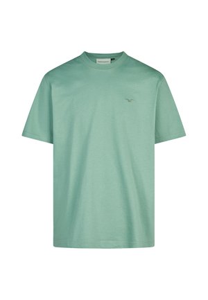 Hellgrünes T-Shirt mit kurzen Ärmeln und Rundhalsausschnitt, mit kleinem gesticktem Logo auf der linken Brust und sichtbarem Markenetikett im Kragen.