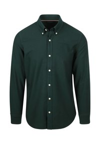 Dunkelgrünes Hemd aus Baumwolle mit langen Ärmeln, einem Kragen und weißen Knöpfen entlang der Vorderseite. Glatte Textur mit tailliertem Schnitt.