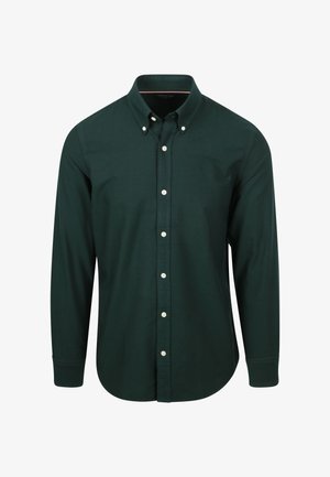 Dunkelgrünes Hemd aus Baumwolle mit langen Ärmeln, einem Kragen und weißen Knöpfen entlang der Vorderseite. Glatte Textur mit tailliertem Schnitt.