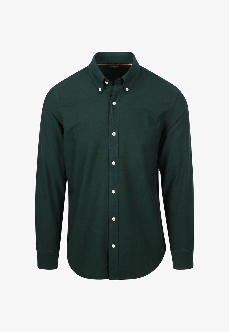 Dunkelgrünes Hemd aus Baumwolle mit langen Ärmeln, einem Kragen und weißen Knöpfen entlang der Vorderseite. Glatte Textur mit tailliertem Schnitt.
