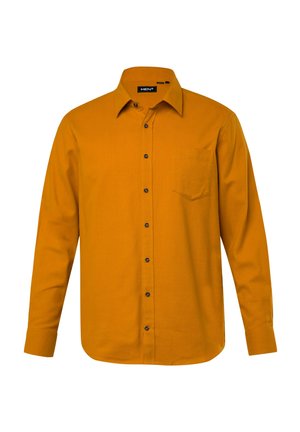 Langærmet skjorte i sennepsgul, lavet af glat stof. Har en klassisk krave, knaplukning foran og en enkelt brystlomme med sorte knapper.