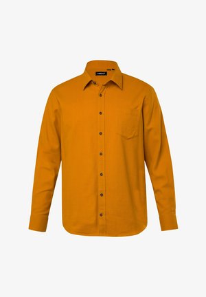Langärmliges Hemd in Senfgelb, aus glattem Stoff. Verfügt über einen klassischen Kragen, eine durchgehende Knopfleiste und eine einzelne Brusttasche mit schwarzen Knöpfen.