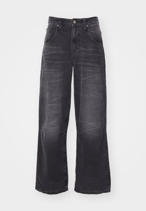 Zwarte wijde spijkerbroek van denim, met een hoge taille, twee voorzakken en zichtbare vervaging langs de benen voor extra textuur.