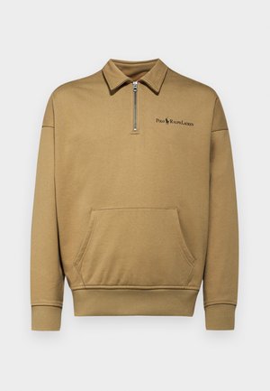 Beige pullover sweatshirt met een ritskraag, een voorzak, geribbelde manchetten en geborduurd logo "Polo Ralph Lauren" op de borst.