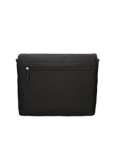 Borsa per laptop nera realizzata in tessuto strutturato, dotata di una tasca frontale con zip e un design slim con chiusura a patta superiore.