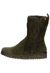 Olive green suede ankle boot with a side zipper, textured rubber sole, and a fuzzy interior lining. Features a small logo tag near the zipper.