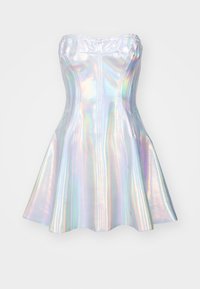 Strapless, iriserande miniklänning med en utställd kjol. Tillverkad av glänsande syntetmaterial, med ett åtsittande liv och vertikala sömmar.