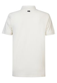 Polo tričko z off-white bavlny, krátké rukávy, klasický límeček, ploché úplety u rukávů a malá černá nášivka vzadu.