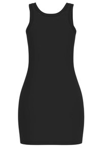 Abito mini nero senza maniche, design aderente, realizzato in tessuto liscio, con scollatura rotonda e senza decorazioni visibili.