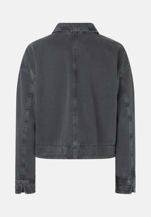 Men's cropped jacket in dark grey denim, featuring a collar and long sleeves with stitched detailing, textured finish, and a clean back design.