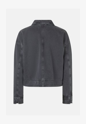 Herren kurz geschnittene Jacke aus dunkelgrauem Denim, mit Kragen und langen Ärmeln mit genähten Details, strukturiertem Finish und einem schlichten Rückendesign.