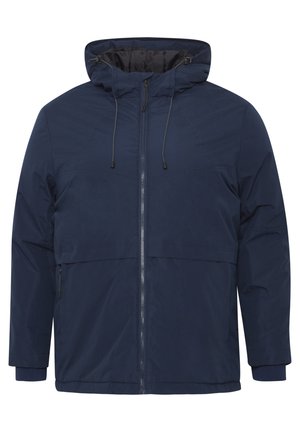 Navy blue hooded jacket with a front zipper, elastic cuffs, and side pockets; features a smooth texture and stitched detailing.