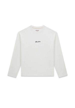 Weißes Langarm-T-Shirt aus Baumwolle. Verfügt über einen Rundhalsausschnitt und ein schwarzes, auf der Brust gesticktes "Guess Jeans"-Logo. Glatte Textur.