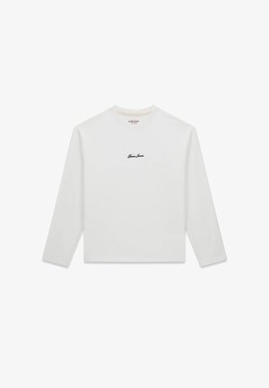 Biała, bawełniana koszulka z długim rękawem. Posiada okrągły dekolt i haftowane czarne logo "Guess Jeans" na piersi. Gładka faktura.