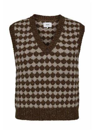 Chaleco de punto marrón y beige con escote en V, que presenta un patrón de diamantes y un ribete acanalado en el cuello y el dobladillo.