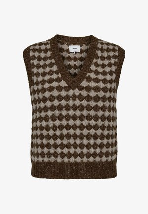 Smeđi i bež pleteni prsluk s V-izrezom, koji ima dijamantni uzorak i rebrasti rub duž izreza i donjeg ruba.