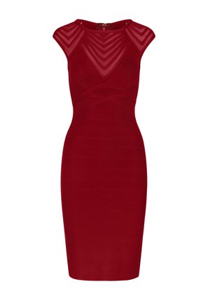 Figuuraccentuerende rode jurk met een gestructureerd ontwerp. Gemaakt van textuurstof, met doorschijnende cap sleeves en een V-vormige halslijn.