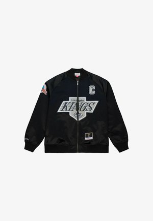 Black satin bomber jacket featuring "Los Angeles Kings" graphic, embroidered logo on sleeve, and ribbed cuffs and hem. Zip-front closure.