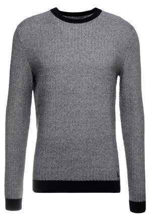Pull en maille à manches longues noir et gris avec un motif texturé, col, poignets et ourlet noirs.