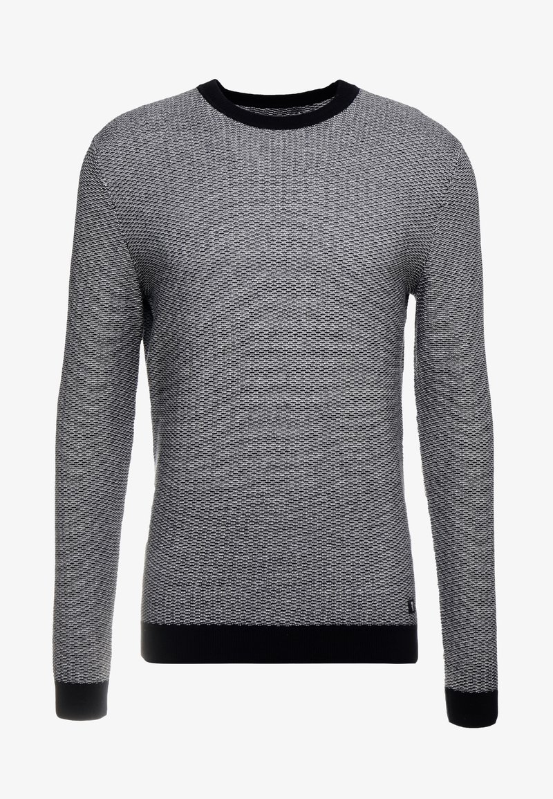 Pull en maille à manches longues noir et gris avec un motif texturé, col, poignets et ourlet noirs.