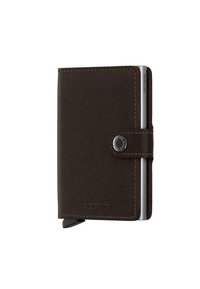 Portafoglio in pelle marrone con chiusura a pressione, caratterizzato da una superficie texturizzata e hardware in argento. Compatto, con slot per carte visibili e un meccanismo di estrazione unico.