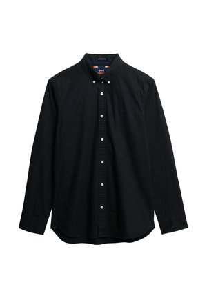 Camicia nera con bottoni, realizzata in cotone. Presenta un colletto classico, maniche lunghe e bottoni bianchi. Design semplice con un discreto dettaglio del logo.