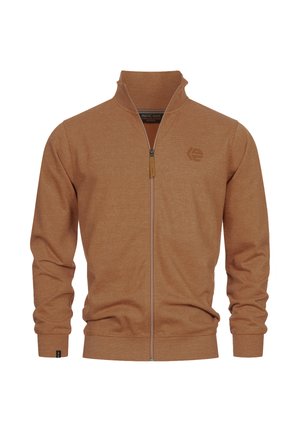 Brązowa kurtka zapinana na zamek z teksturą prążkową, wysokim kołnierzem i detalem logo na klatce piersiowej. Posiada długie rękawy oraz dopasowany krój.