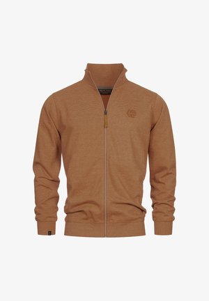 Brązowa kurtka zapinana na zamek z teksturą prążkową, wysokim kołnierzem i detalem logo na klatce piersiowej. Posiada długie rękawy oraz dopasowany krój.